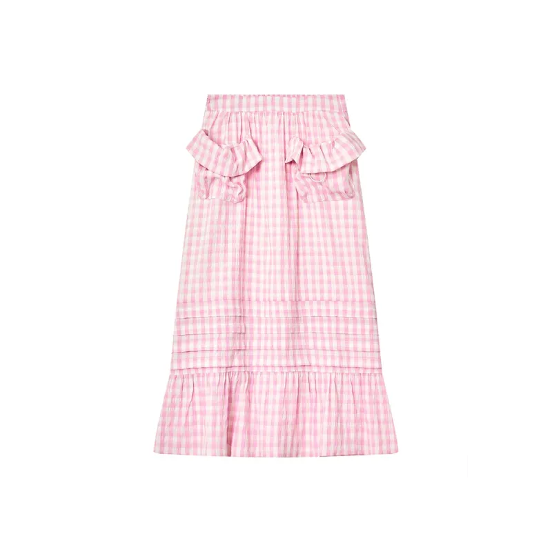 ELF SACK Casual Long Skirt Women's Pink White Plaid-0