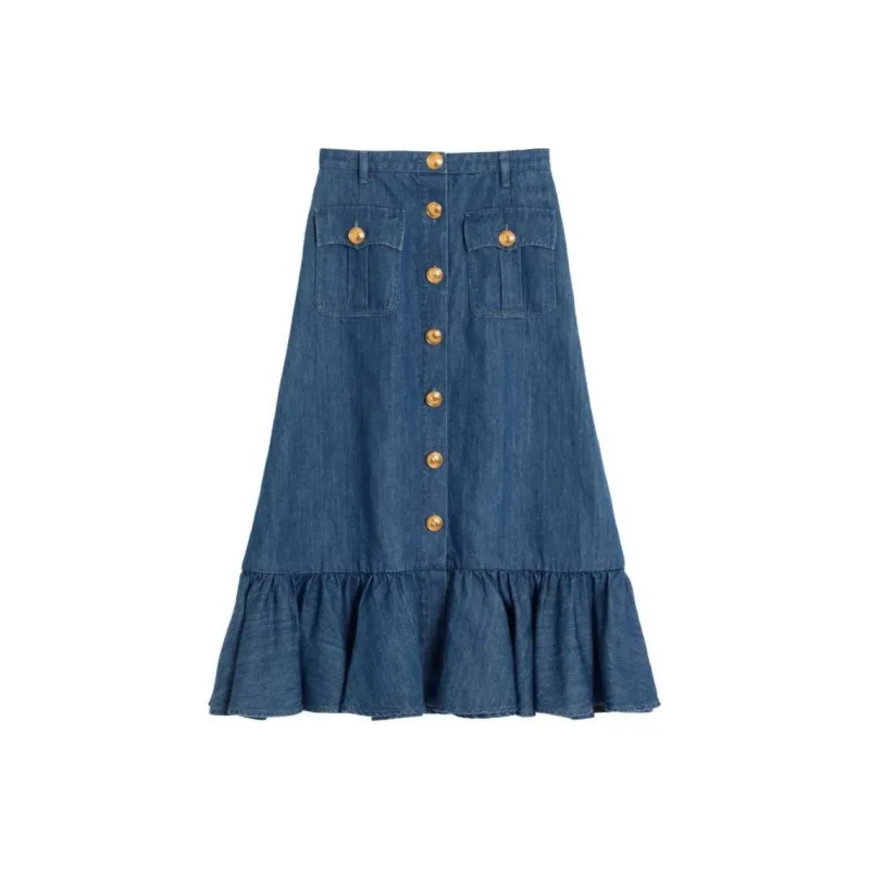 Valentino Button Detailed Flared Hem Denim Skirt-0
