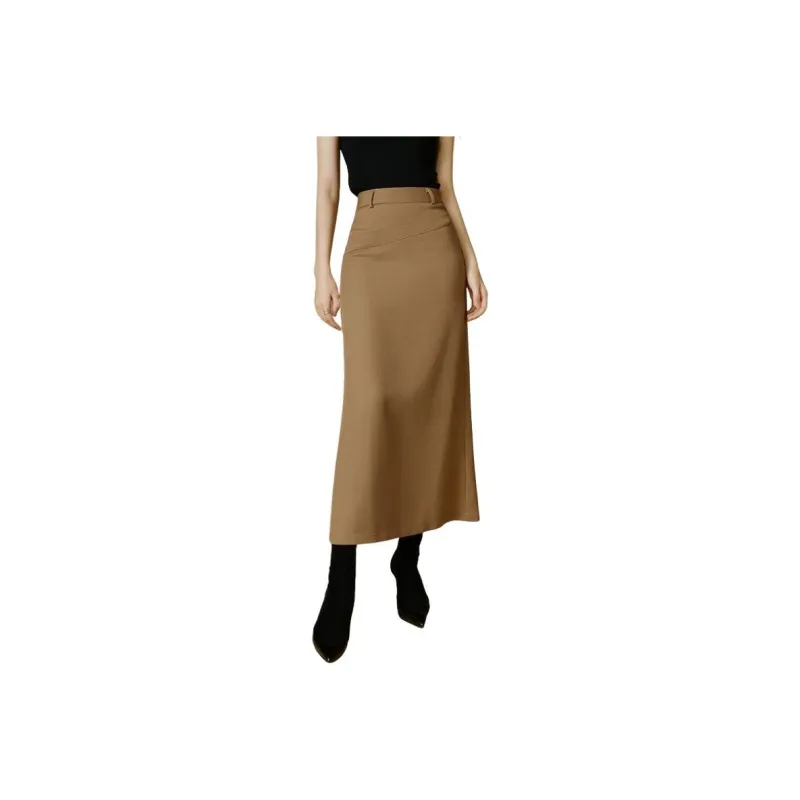 Late White Casual Long Skirts Women's Camel-0