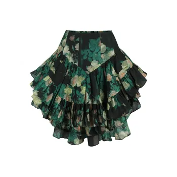 Selkie Collection SS25 Casual Short Skirts Women's Dark Green With Crying Rose Print