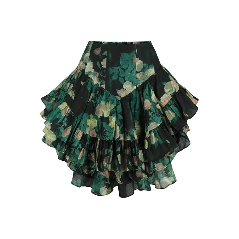 Selkie Collection SS25 Casual Short Skirts Women's Dark Green With Crying Rose Print-0