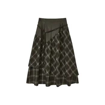 WULISHAONIAN Patchwork Plaid Asymmetrical Drawstring Versatile Playful Half Length Long Skirt Women's