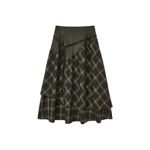 WULISHAONIAN Patchwork Plaid Asymmetrical Drawstring Versatile Playful Half Length Long Skirt Women's