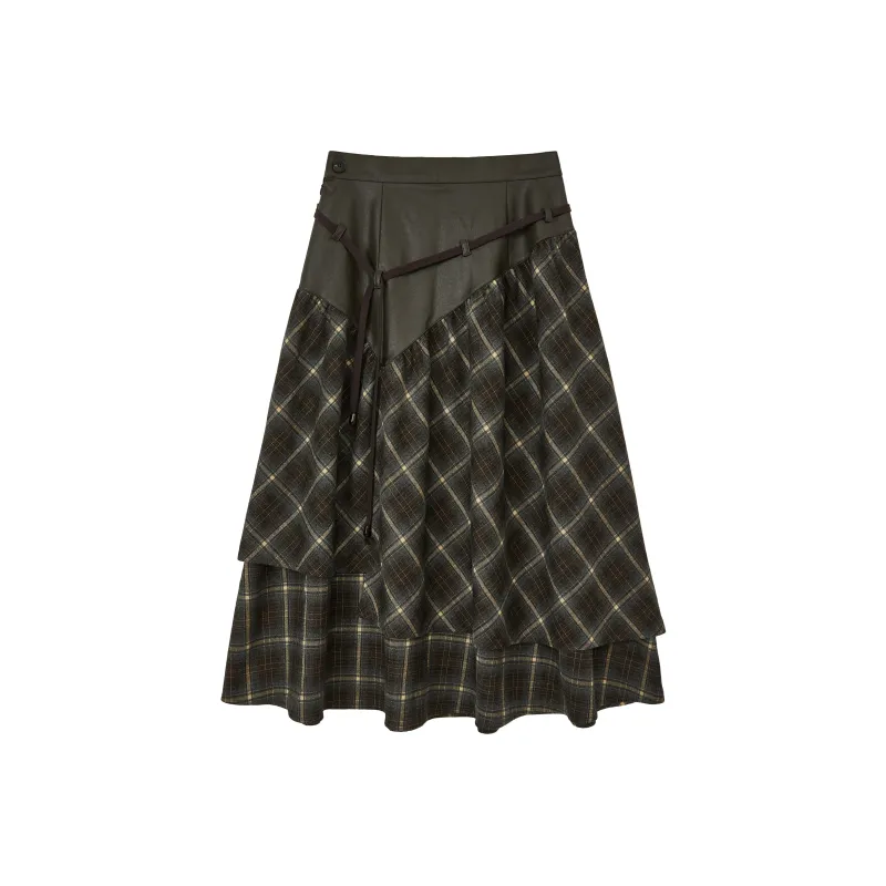 WULISHAONIAN Patchwork Plaid Asymmetrical Drawstring Versatile Playful Half Length Long Skirt Women's-0