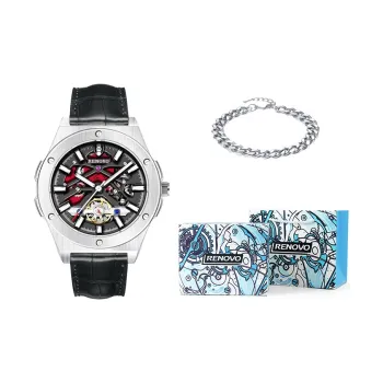 RENOVO Explorer Collection Automatic Mechanical Movement Genuine Leather Strap Watch Men's Watches Black Dial