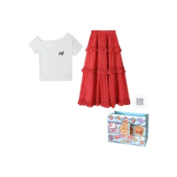 Gentle Welcome Skirt Set Women's White Top+Red Skirt