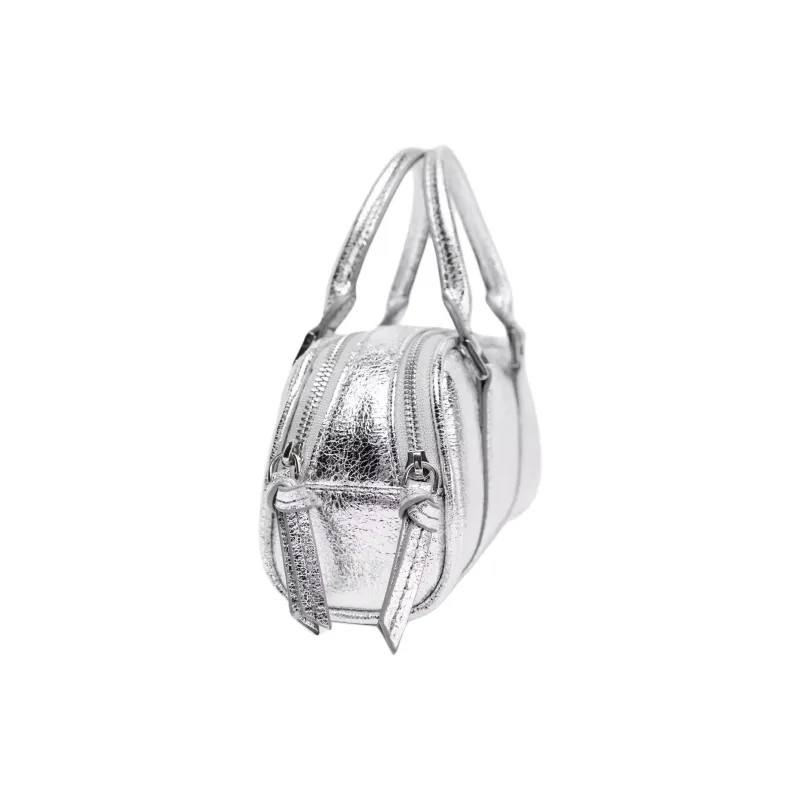ZARA Polyurethane Bowling Bag, Handbag Mini Women's Silver-2