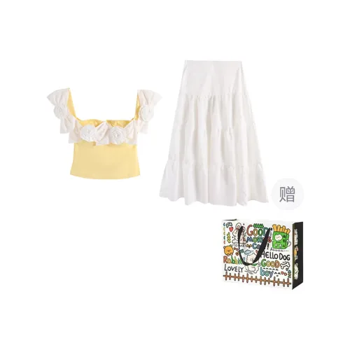 ZVJH Skirt Set Women's Yellow Top/White Skirt