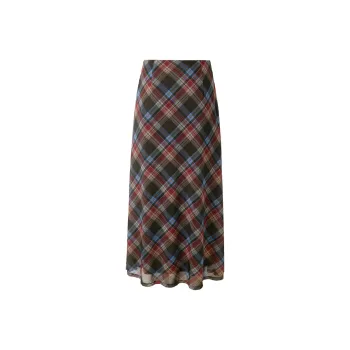3COLOUR Casual Long Skirt Women's Burgundy Plaid