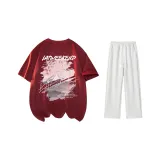 Clothing Set (Noble Red T-Shirt+White Heather Gray Casual Pants)