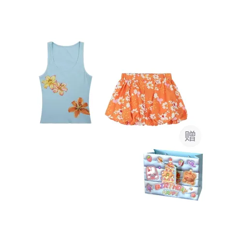 REMOULD Two Piece Skirt Sets Women's Blue Camisole/Orange Skirt Dress