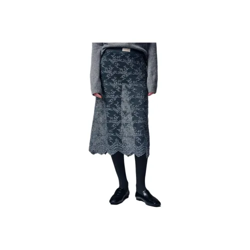 MARDI MERCREDI FW24 SEQUIN LAYERED SKIRT LACE-KHAKI Casual Long Skirts Korean Style Women's Khaki