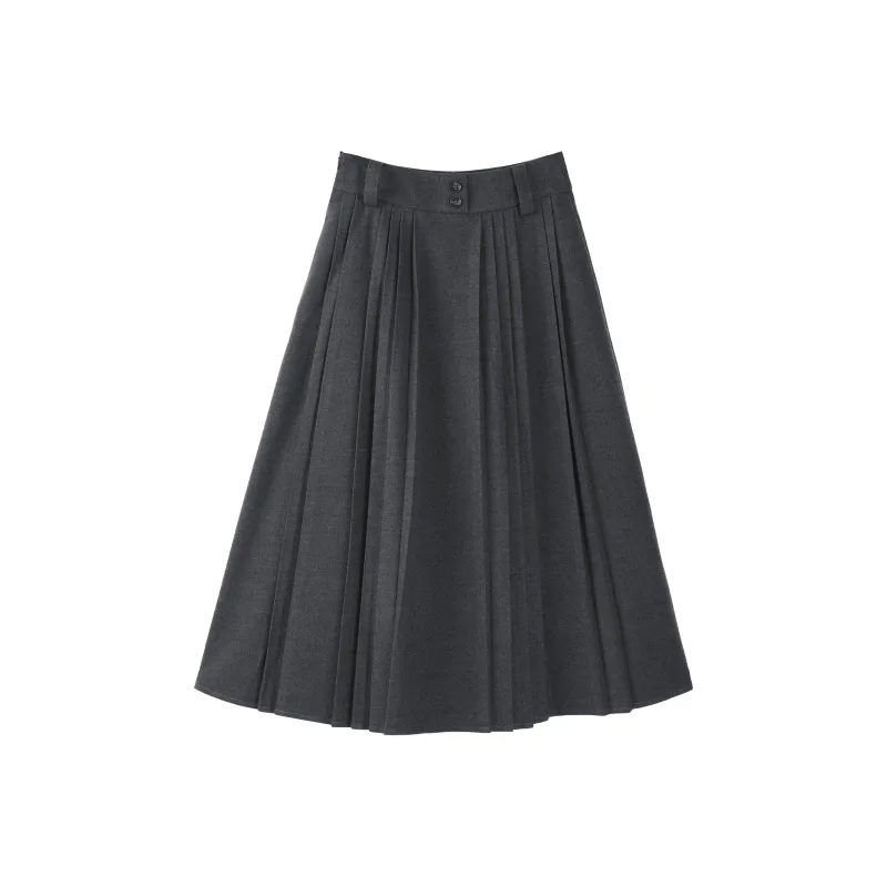 Fstudio Korean Style Fall And Winter Advanced Woolen Pleated Skirt Unisex Dark Gray-0