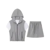 Gray Hooded Vest+White T-Shirt+Gray Half-Length Skirt
