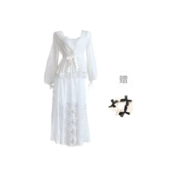 TURN UP Skirt Set Women's Set White Two Piece Set+Bowknot Hair Tie Comes With