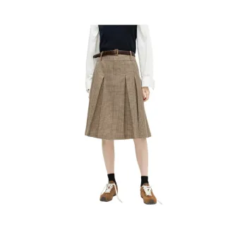 MOCO Casual Long Skirts Women's Gray Brown Plaid