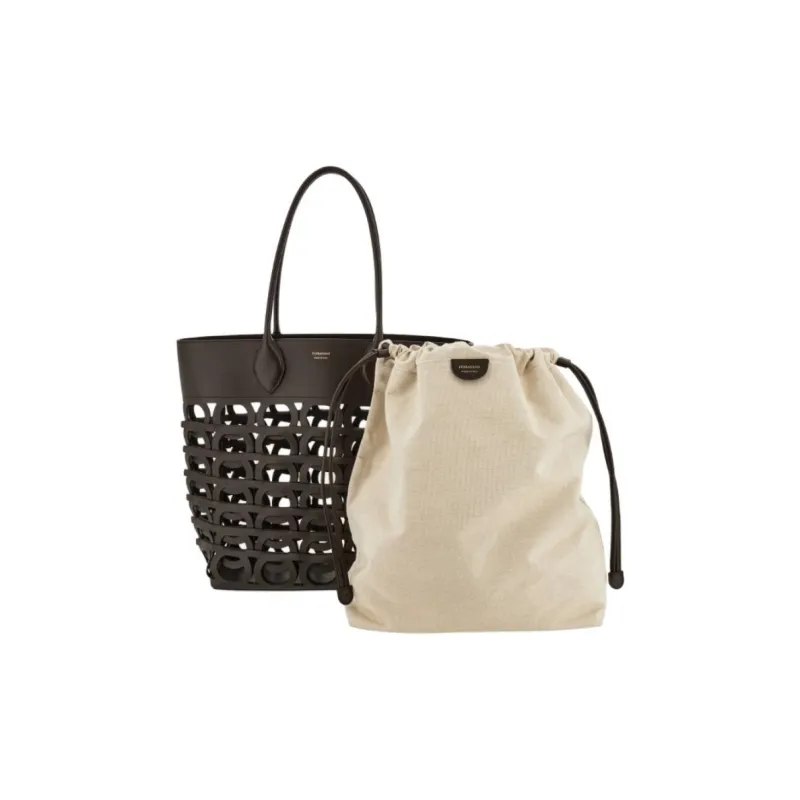 FERRAGAMO GANCINI Cow Leather Shoulder Bag Tubas Women's Black-3