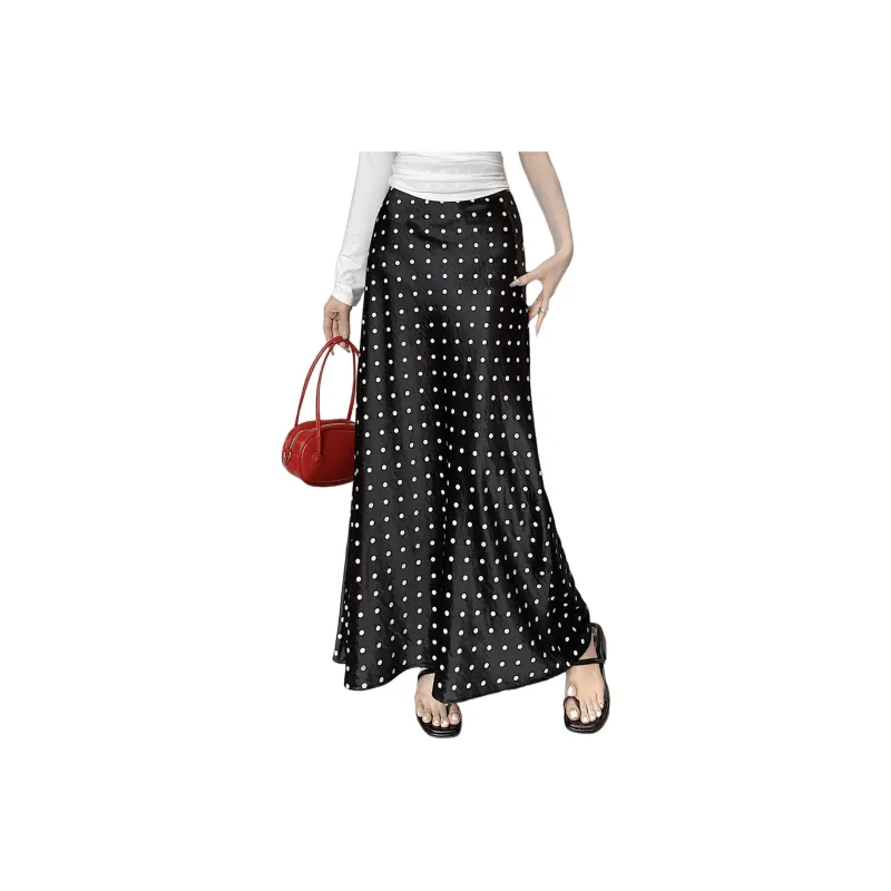 Wbwq Casual Long Skirt Women's Black With White Dot-0
