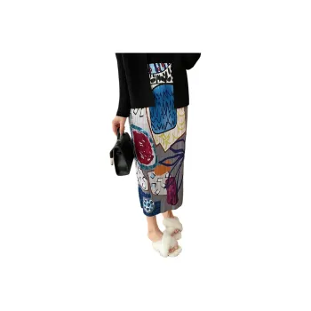 Wbwq Casual Long Skirt Women's Blue Gray Floral Pattern