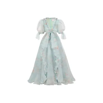 Selkie Collection SS24 Evening Dress Women's Light Blue Base Mint Herbal Print