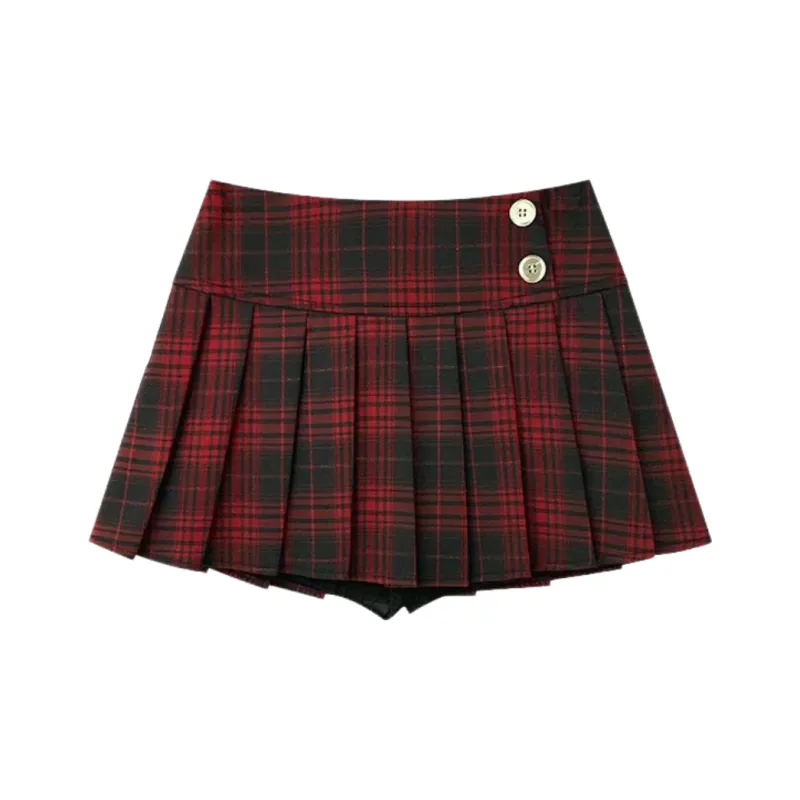 GLEE DIARY Casual Short Skirts Women's Red Black Plaid-0