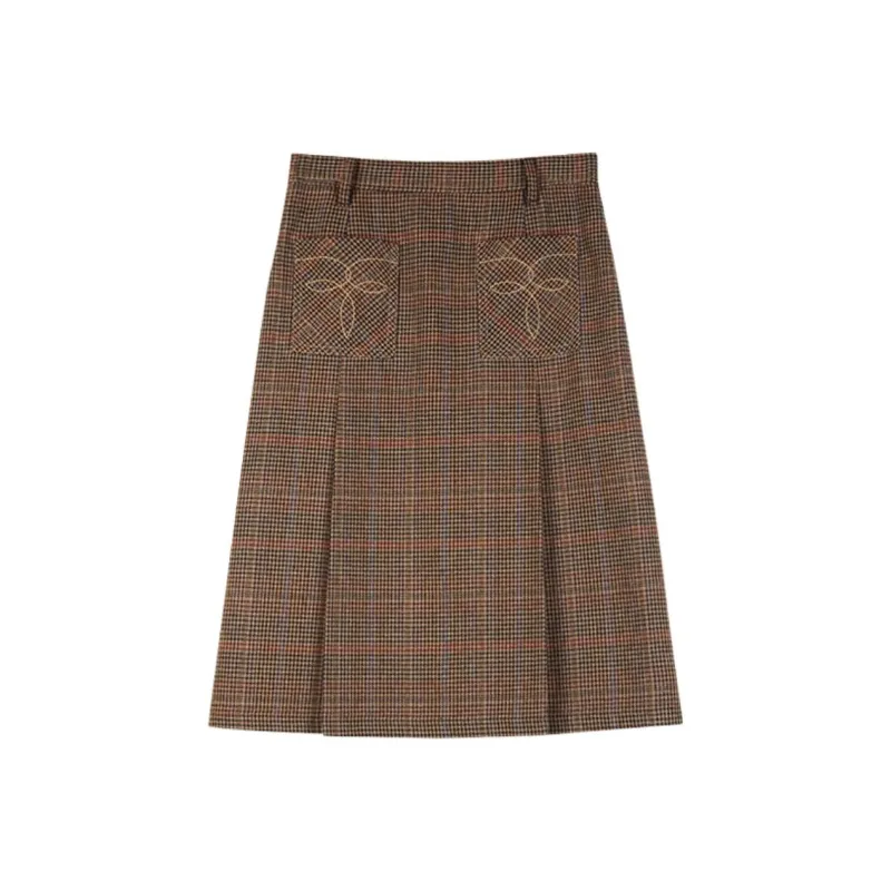 SOLIGHTER Casual Long Skirt Women's Light Coffee Red Blue Plaid-0