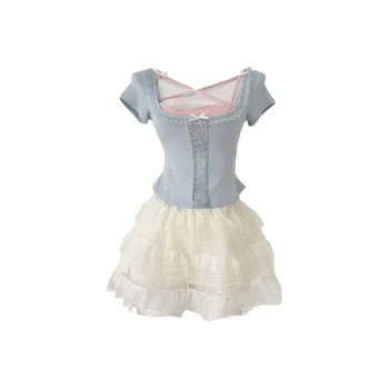 Udon House Skirt Set Women's Blue Top/White Bottom