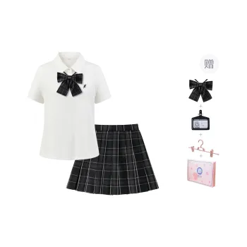 Tokyo Season Uniforms Women's Gift Box Set, White+Plaid Skirt Adjustable Waist Comes With Small Accessories+Hanging Tag