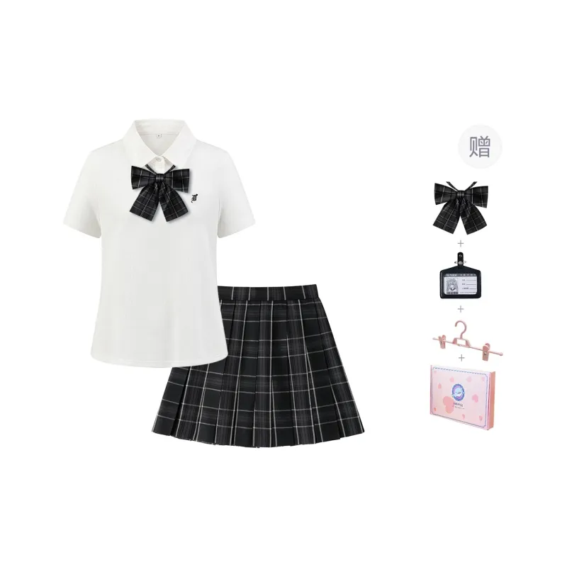 Tokyo Season Uniforms Women's Gift Box Set, White+Plaid Skirt Adjustable Waist Comes With Small Accessories+Hanging Tag-0