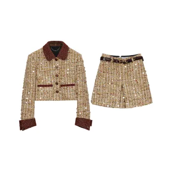 NancyCavally Skirt Set Women's Cropped Set Coat+Gold Skirt With Belt