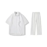 Clothing Set (White Short-Sleeved Shirt+White Heather Gray Casual Pants)
