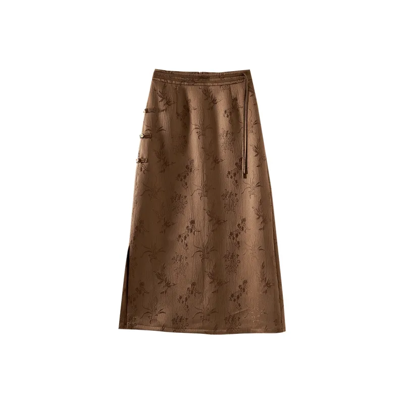 OUNIXUE Autumn 2024 Casual Long Skirts Women's Brown-0