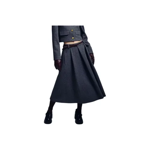MARDI MERCREDI FW24 WOOL MAXI FLARE SKIRT-CHARCOAL Casual Long Skirts Korean Style Women's Charcoal Gray