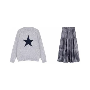 Mlpstudio Two Piece Skirt Sets Women's Gray Sweater+Plaid Long Skirt