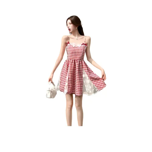 XIANSINIAO Slip Dresses Women's Strawberry Red Plaid
