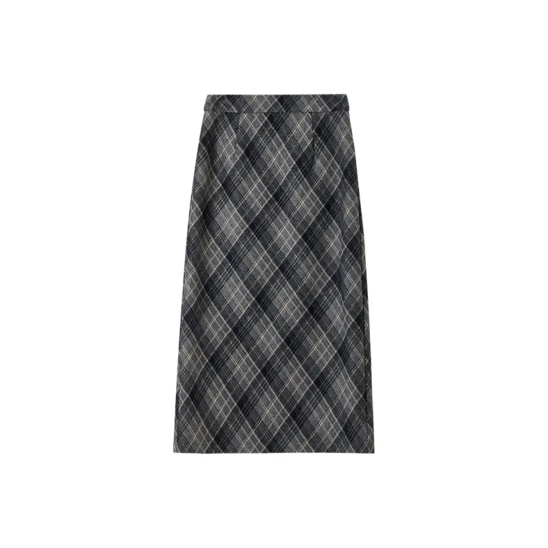 SENTUBILA Casual Long Skirts Women's Navy Blue Plaid-0