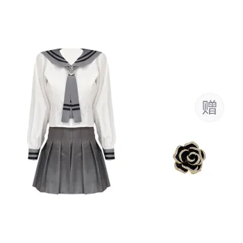 ONNFB Two Piece Skirt Sets Women's Long Sleeved Shirt+Gray Pleated Skirt