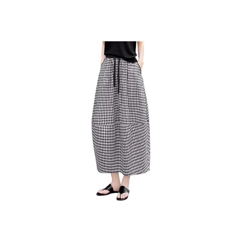 TOUCH Casual Long Skirt Women's Black White Plaid-0