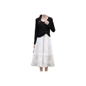 Alxnan Two Piece Skirt Sets Women's Ecru Tank Dress+Black T Shirt