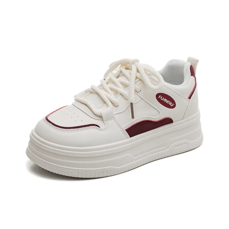 HUANQIU Slip Resistant, Lightweight, And Breathable Low Top Skateboard Shoes Women's Beige Burgundy-0