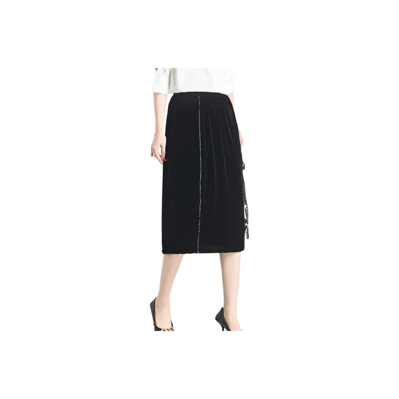 Yi Mengyuan Silk Casual Long Skirt Women's Black-0