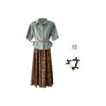 TURN UP Skirt Set Women's Set Blue Brown Two Piece Set, Comes With Belt+Bowknot Hair Tie