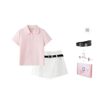 Tokyo Season Uniforms Women's Gift Box Set, Pink Polo Shirt+White Pleated Short Skirt Jumpsuit With Belt+Hanger