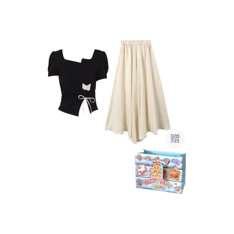 WOWI Two Piece Skirt Sets Women's Black+Apricot-0