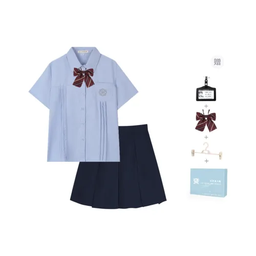 Ice cream and whale Uniforms Women's Blue Short Sleeved Shirt+Navy Blue Box Pleat Skirt, Comes With A Free Bow Tie+School Emblem
