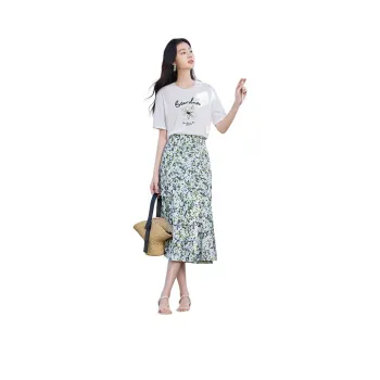 XIANGYING Skirt Set Women's White T Shirt+Floral Skirt