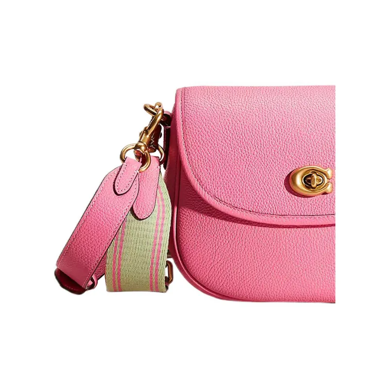 COACH Willow Pebble Leather Saddle Bag, Shoulder Bag, Crossbody Bag Small Size Women's Brass & Geranium Pink-2