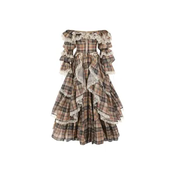 Selkie Collection FW24 Evening Dress Women's Brown Base With Houndstooth Pattern Print