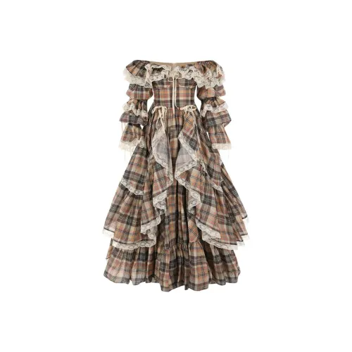 Selkie Collection FW24 Evening Dress Women's Brown Base With Houndstooth Pattern Print