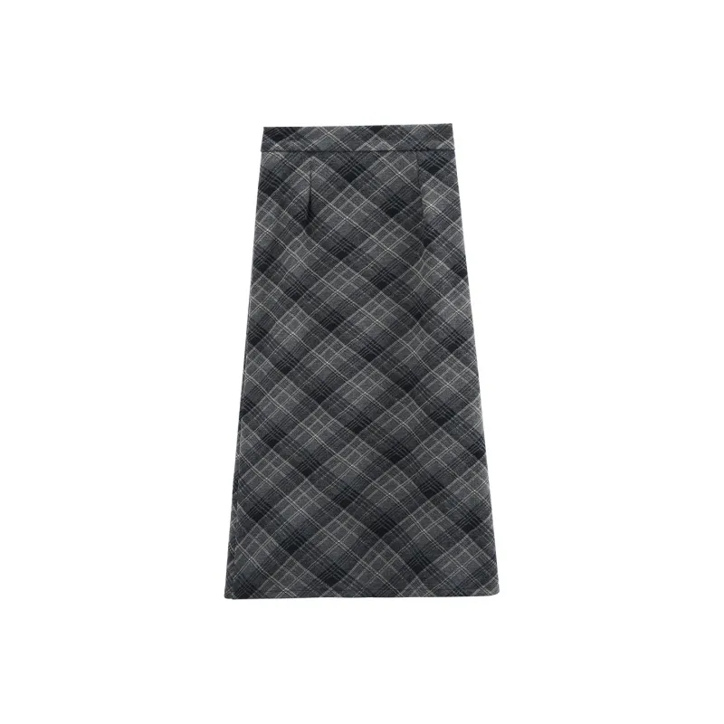 A Paradise For Awakening Casual Long Skirts Women's Gray Plaid-0